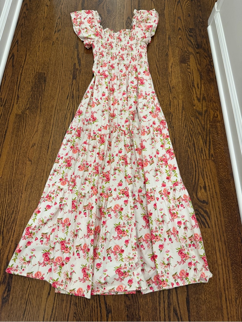 Altar'd State Pink Floral Puff-Sleeve Maxi Dress on Cream